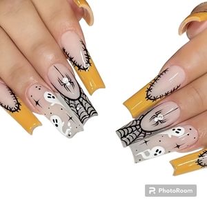 Halloween full cover false nails ghost and spider design